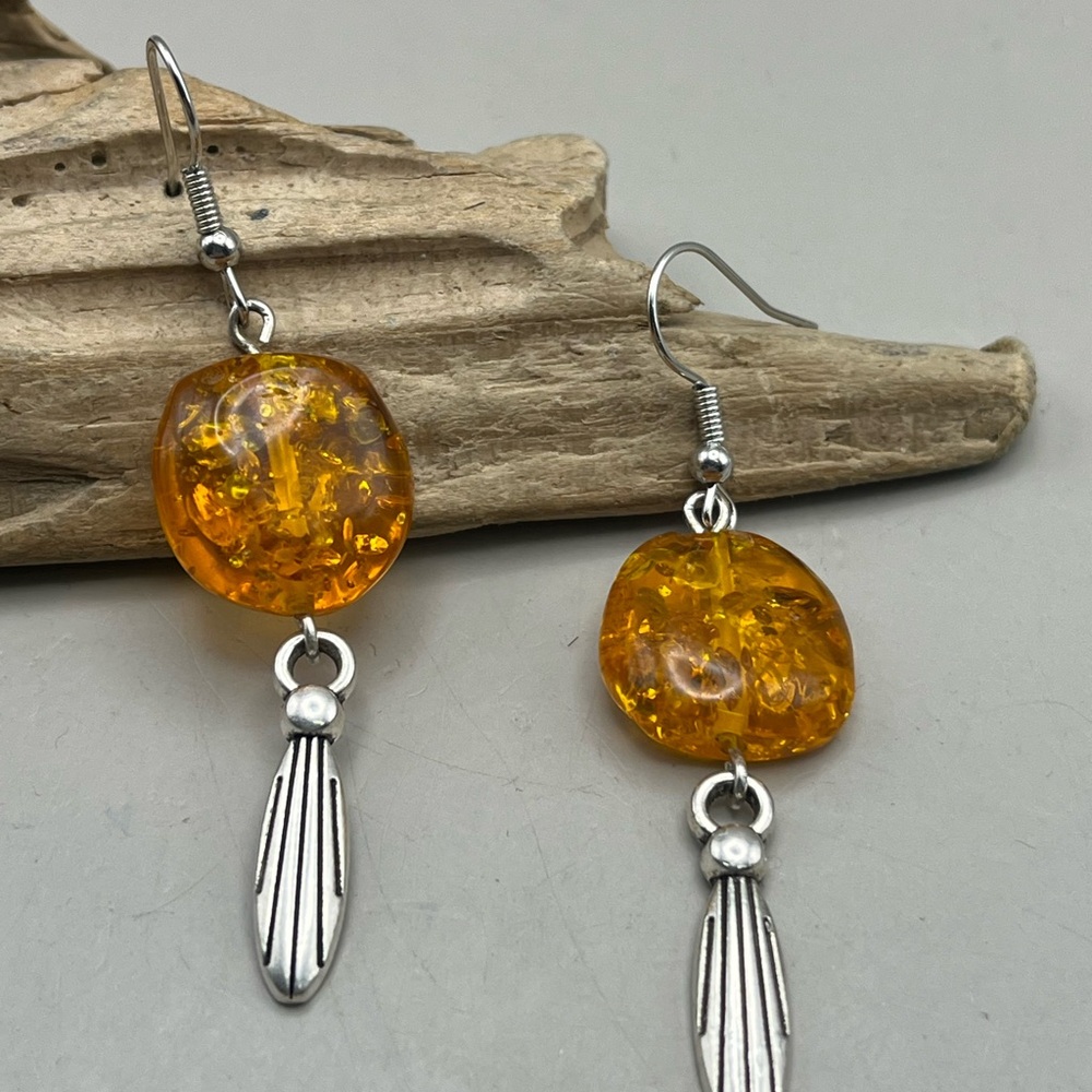 Boho Silver Tone Amber Drop Earrings | Dangle Hook | Natural Gemstone Jewelry
